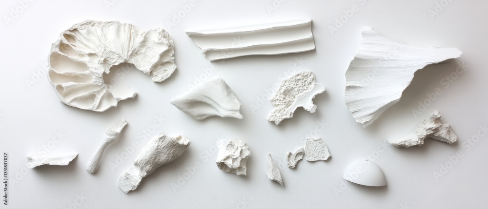 Aufkleber a collection of white sculptural forms and textures on a neutral background inviting artistic interp