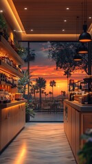 Sunset view from a cozy cafe with wooden shelves and a warm atmosphere