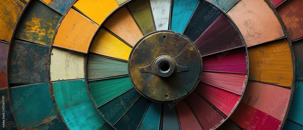 Poster vibrant color palette display featuring circular arrangement of paint samples in various shades and 