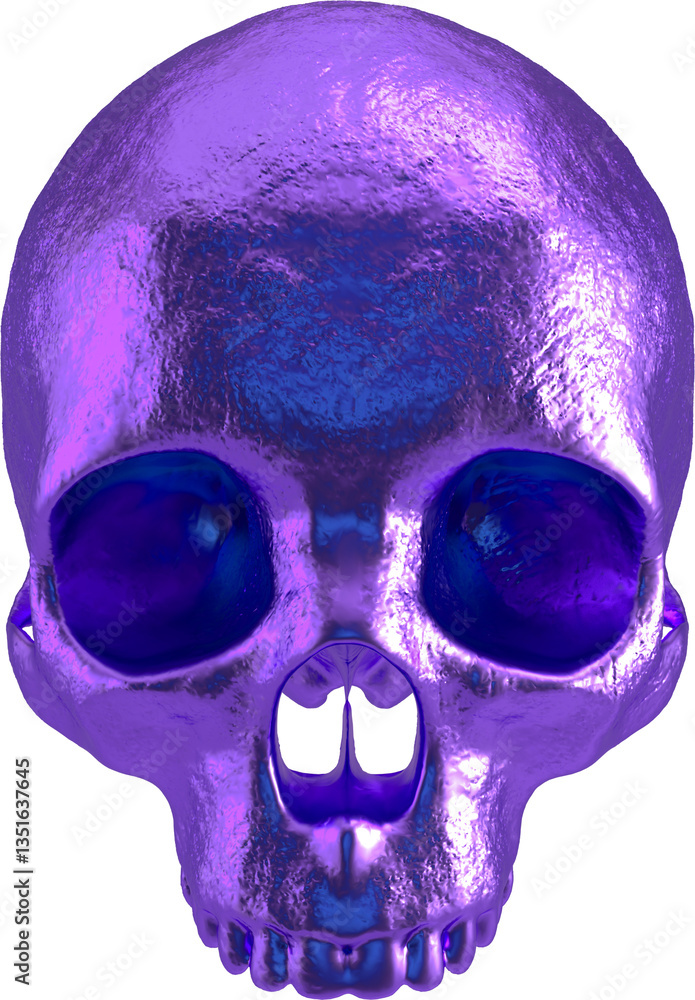 Poster front view of a metallic purple skull with reflective texture surreal digital rendering intense abst