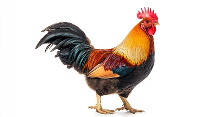 A vibrant rooster with colorful plumage standing on a white background in a studio setting view side
