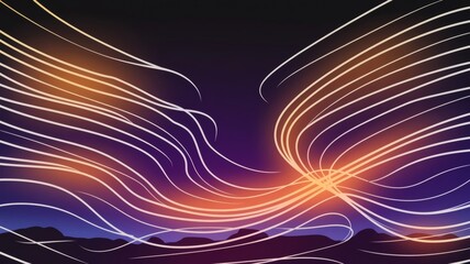Abstract Neon Light Waves Over a Mountain Landscape, Futuristic Night Sky with Glowing Energy Lines, Vibrant Light Streaks Flowing in a Dark SkyDynamic Digital Art with Glowing Lines and Horizon