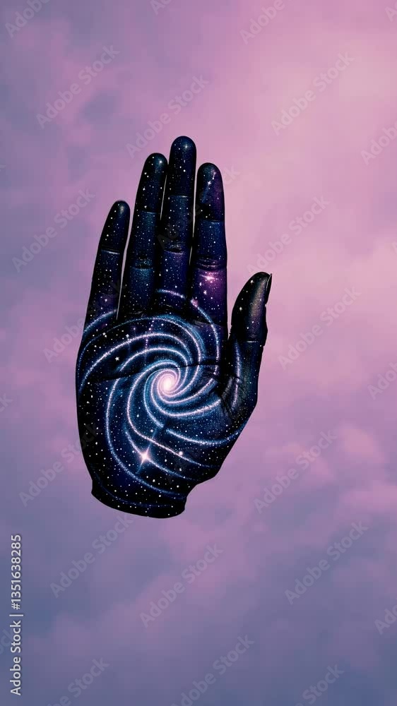 Poster a surreal video concept of a hand with a galaxy pattern, captured from a low angle against a soft pi
