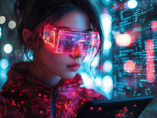 Naklejka premium Digital artist creates innovative NFTs on a high-tech tablet surrounded by futuristic artwork in a virtual space