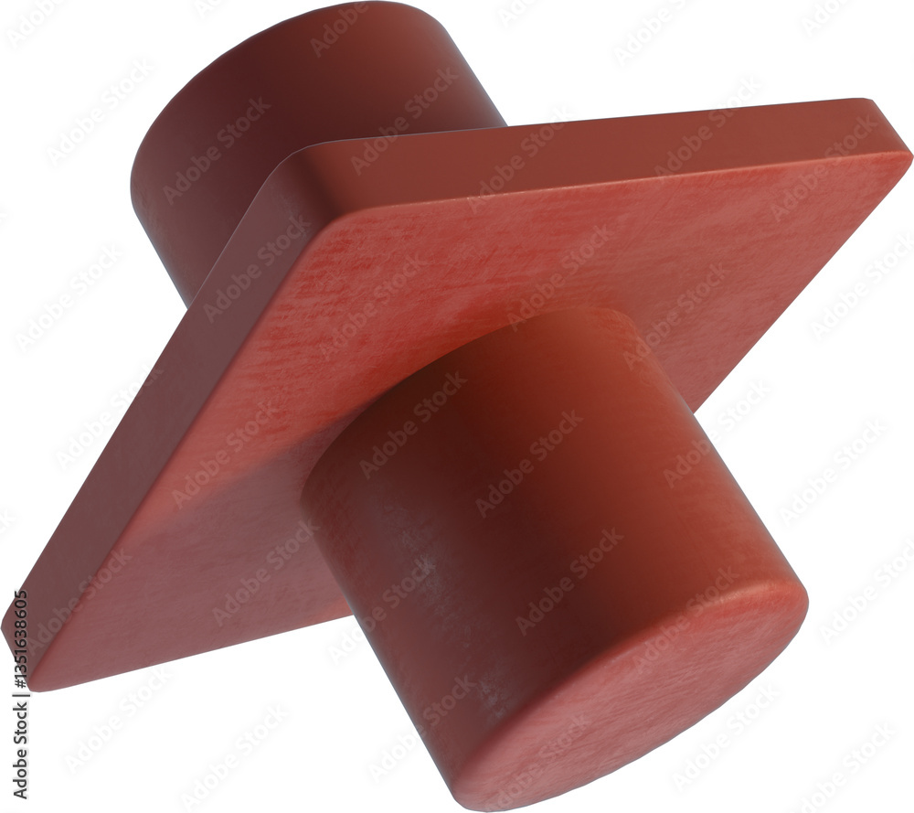Poster bold matte red geometric object with dual cylindrical pegs and central square plate modern 3d abstra