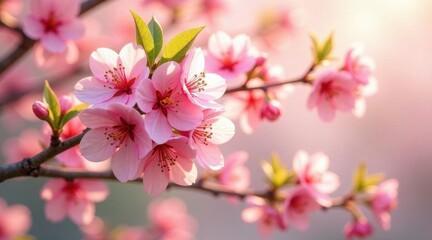 Delicate Pink Blossoms on a Branch in Soft Sunlight, a Symbol of Spring's Gentle Arrival