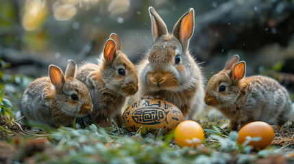 A mystical Easter forest where golden rabbits with glowing eyes gather around an ancient oversized Easter egg covered in magical runes, as ethereal mist shimmers in the enchanted air.