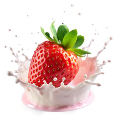 Milk or yogurt splash with strawberries isolated with white background (7)