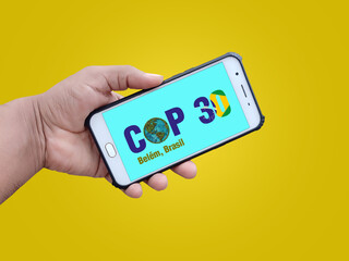Climate Change Conference (UNFCCC) COP 30 poster concept. Belem, brazil, November-2025. Yellow...