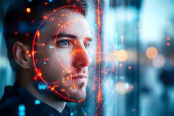 Man looking at futuristic digital interface with glowing red data hologram reflecting on glass in a high-tech environment