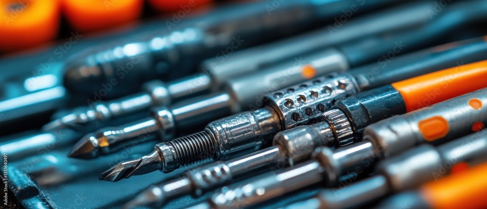 Poster close-up view of various precision tools and screwdrivers for professional tasks in a craftsmanship 