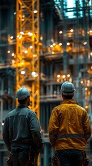 Obraz premium Two construction workers observe a large building under development and construction