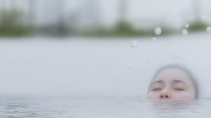 Fototapeta premium Serene woman submerged in water with bubbles, peaceful urban background
