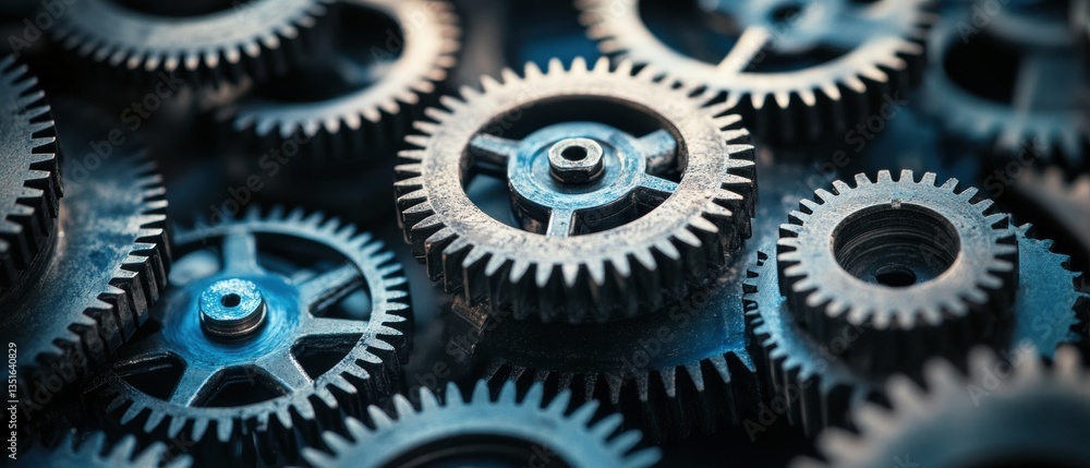 Poster close-up view of vintage mechanical gears and cogs with intricate details showing wear and rust for 