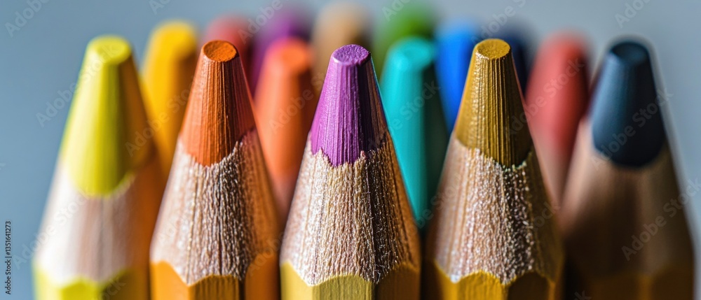 Poster vibrant colored pencils arranged in a row with sharp tips highlighting an artistic and creative back