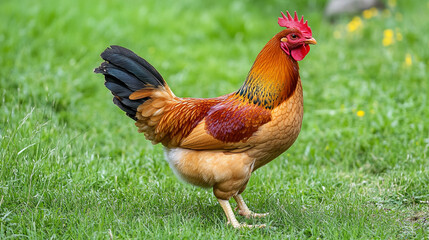 Fototapeta premium A rooster standing in green grass with its vibrant feathers and prominent red comb in clear focus