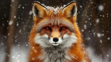 Obraz premium Close Up Portrait of a Majestic Fox with Snow Dust on Fur Against a Winter Forest Background