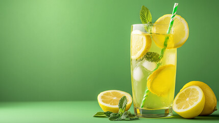 Fototapeta premium Fresh cooling lemonade cocktail with mint leaf and with crushed ice and lemon. Isolated on the green background. Space for text. AI generation