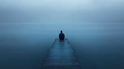 Obraz premium Solitude by the Misty Lake: A Man Contemplates Life's Mysteries