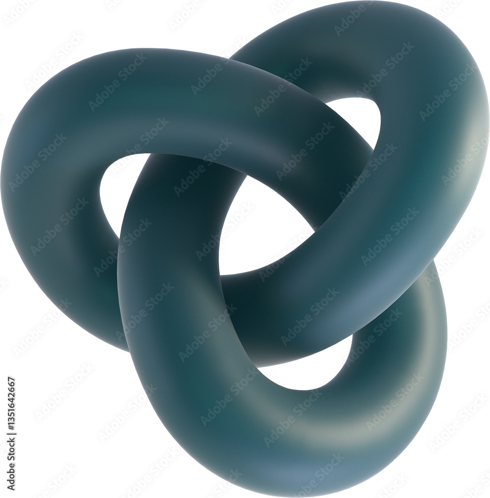 Fototapete interlinked dark teal torus rings with smooth surface geometry isolated on white background. ideal f
