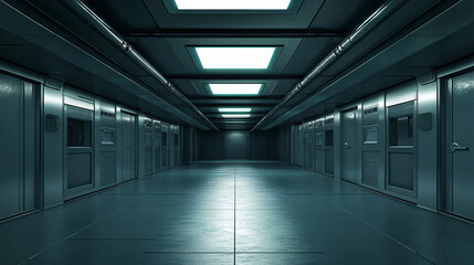 Fototapeta premium Empty room navy wall blue green light glow corridor hall interior perspective architecture modern structure symmetry ceiling reflection geometric smooth space surface shadow pattern futuristic depth