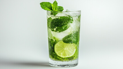 Refreshing mint mojito cocktail with rum and lime slices, cold green drink. Alcoholic coctail. AI generation