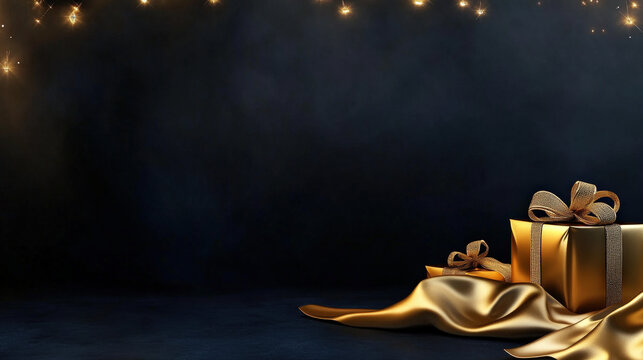 Elegant golden gift boxes on satin fabric with glowing string lights on a rich black background