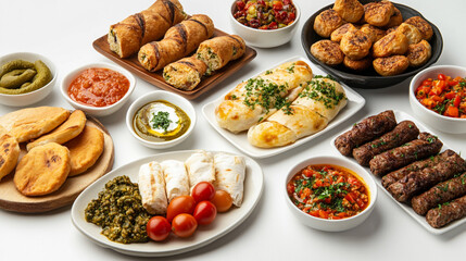 An overhead shot showcasing a diverse assortment of middle eastern cuisine on a white background
