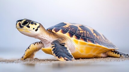 Obraz premium Hawksbill Turtle Hatchling Crawling Beach Dawn Ocean