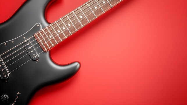 Black electric guitar on red background. Top view, copy space