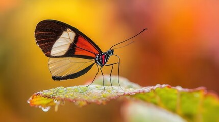 Colorful Butterfly Resting on a Dewy Leaf Surrounded by Vibrant Autumnal Background