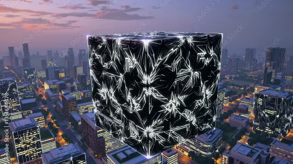 Poster aerial view of a futuristic cityscape with a glowing, abstract cube hovering above. the video captur