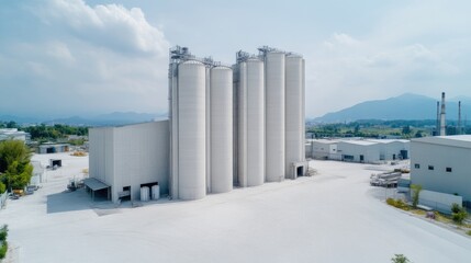 Obraz premium Exterior view of a modern industrial plant with multiple silos, likely a cement or concrete production facility. 