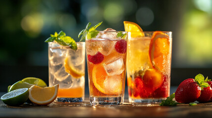 Three refreshing cocktails with ice and fruit garnish on a wooden surface in outdoor setting