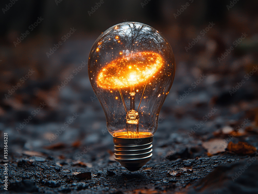 Poster floating light bulb with a miniature galaxy illuminating a dark surreal environment representing inf