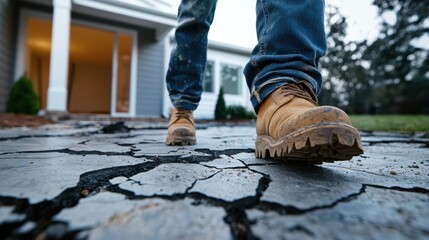Person walking on cracked pavement near a house entrance.