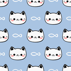 Obraz premium Cute seamless pattern with cartoon cats and fish on blue background