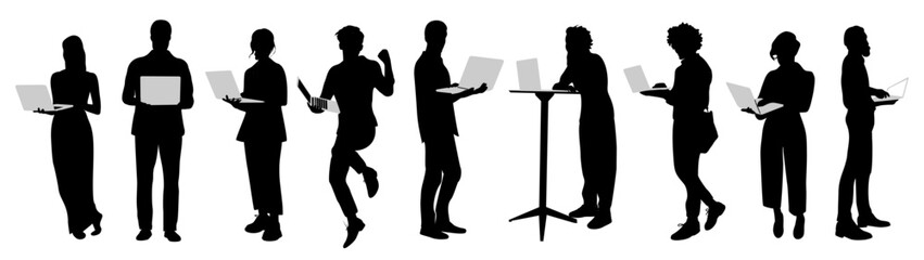 Silhouettes of Business people working at laptop. Different men and women standing, walking, using computer. Vector monochrome illustrations isolated on wtransparent background.	