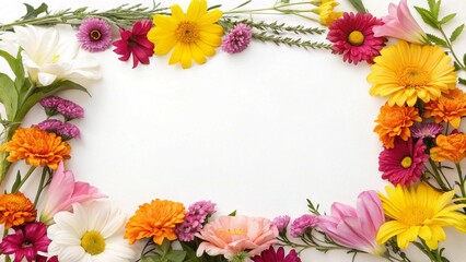 Obraz premium A frame of vibrant flowers on a white background, leaving ample space for a beautiful greeting card message