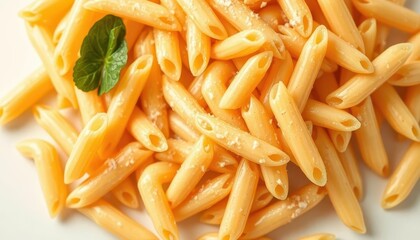 Close-up of cooked penne pasta on a white background, lunch, italian