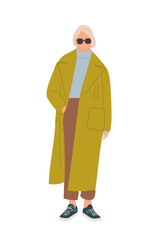 Senior woman standing, wearing smart casual warm autumn modern street fashion outfit. Aged woman in coat, sneakers,  sunglasses. Colorful Vector  illustration isolated on transparent background.