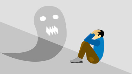 A depressed sad person sitting in the corner with a ghost on the other side vector illustration