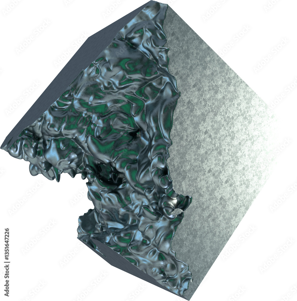 Poster metallic abstract cube with fluid deformation on one side. blend of solid and liquid textures ideal 