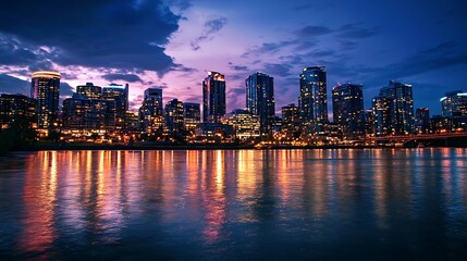 Obraz premium Illuminated urban skyline reflecting in calm waters at twilight