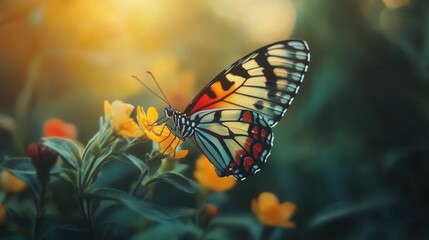 Obraz premium Colorful Butterfly Perched on Vibrant Flower in a Serene Natural Environment at Sunset