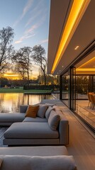 Obraz premium Sunset view from modern patio with pool, sleek furniture, and warm lighting