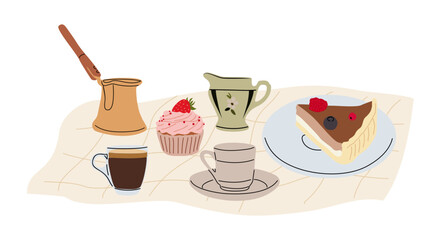 Breakfast with coffee, espresso cup, cheesecake, cupcake. Morning food served on kitchen towel. Cozy aesthetic meal setting with coffee. Flat vector illustration isolated on transparent background