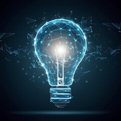 Abstract Futuristic glowing low polygonal light bulb isolated on dark blue