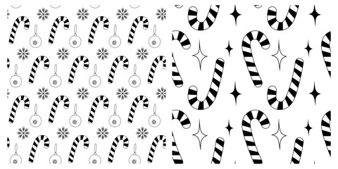 Outline Stylized Candy Cane Christmas tree balls Snowflakes Stars New Year Seamless Patterns Set 2