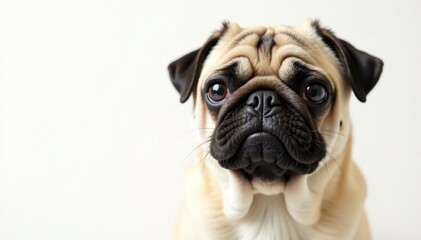 Obraz premium Single pug against pure white backdrop Close-up view , eyes, standing